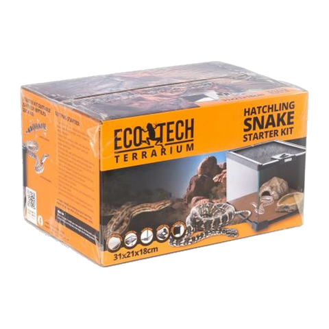 Eco Tech Hatchling Snake Kit 31 x 21 x 18cm glass enclosure with heat mat, hide, cage carpet, feeding forceps and handling hook
