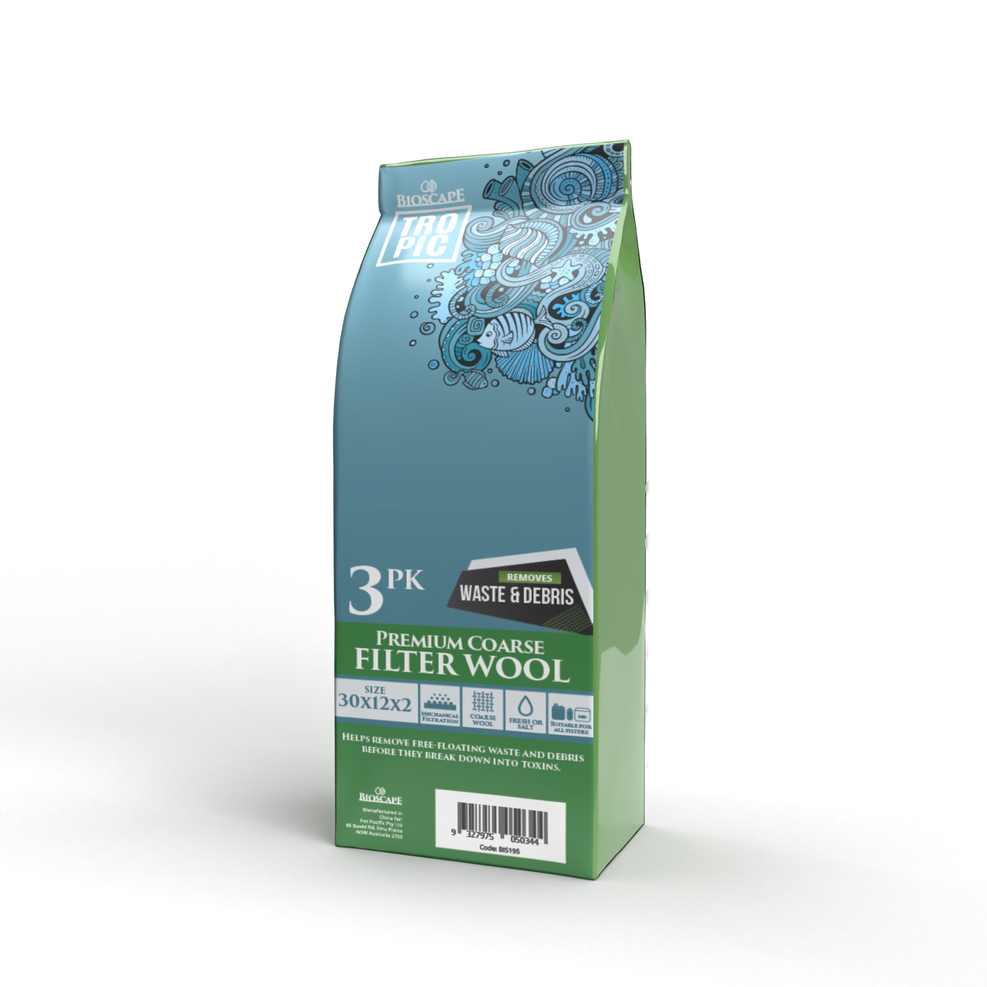 Bioscape Premium Coarse Filter Wool Blue 32 x 12 x 02cm Sheets 3 Pack