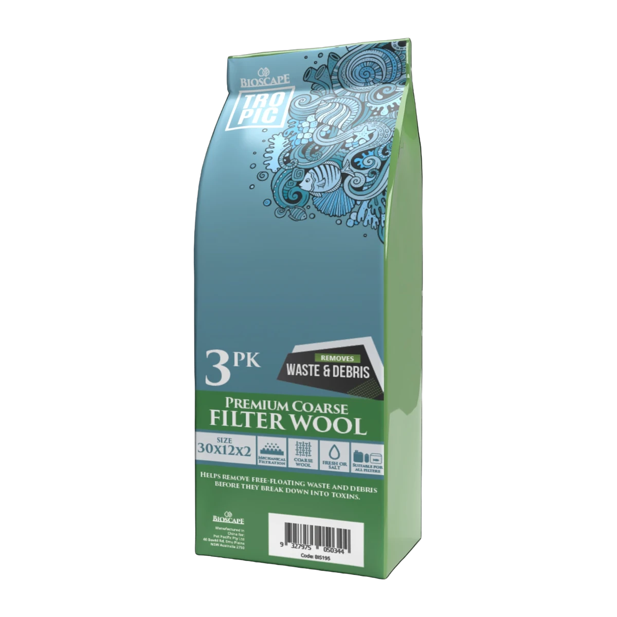 Bioscape Premium Coarse Filter Wool Blue 32 x 12 x 02cm Sheets 3 Pack